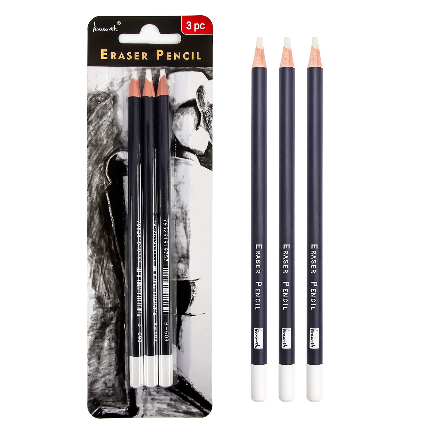 Professional Eraser Pencils Set - Brusarth 3Pc Erasing Small Details Or Add Highlights For Sketching Pencils, Colored Pencils, C
